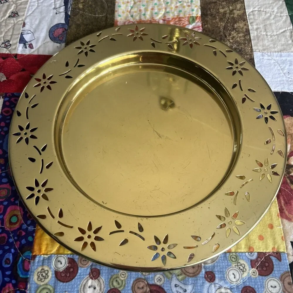 PartyLite 3 Wick Pillar Brass Gold Tone Candle Holder Tray Floral Rim 9 Inch